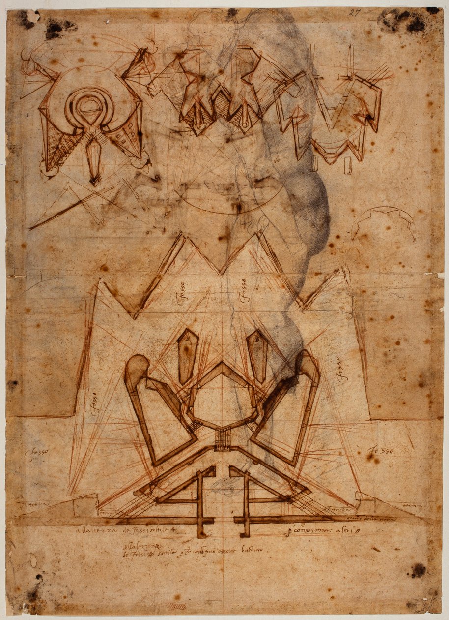 Fortifications for the Porta al Prato, Figure Sketch by Michelangelo Buonarroti