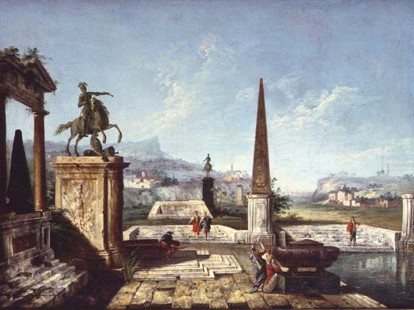 A Capriccio of Classical Monuments, an Obelisk with Soldiers by a Pool and Mountains Beyond by Michele Marieschi