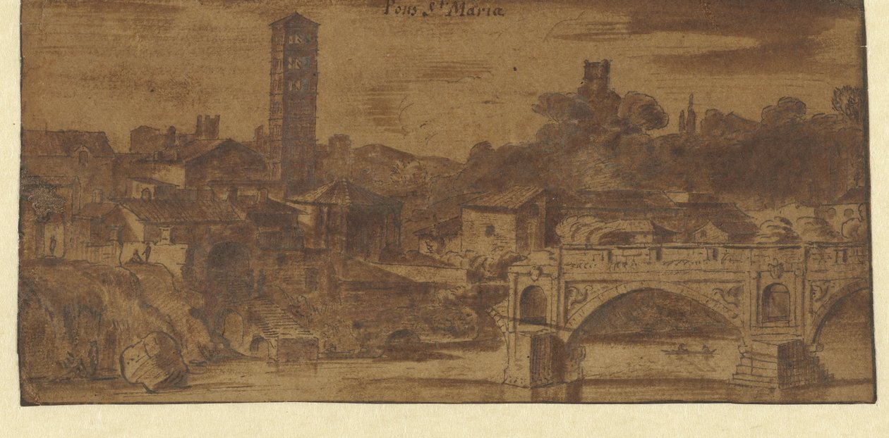 View of S. Maria in Cosmedin, the Temple of Vesta and the Ponte S. Maria in Rome by Michiel van Overbeek