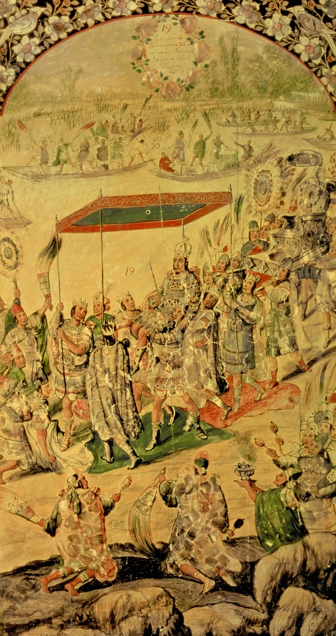 One of a pair of panels depicting the encounter between Hernando Cortes and Montezuma: Montezuma and his followers, 1698 by Miguel and Juan Gonzalez