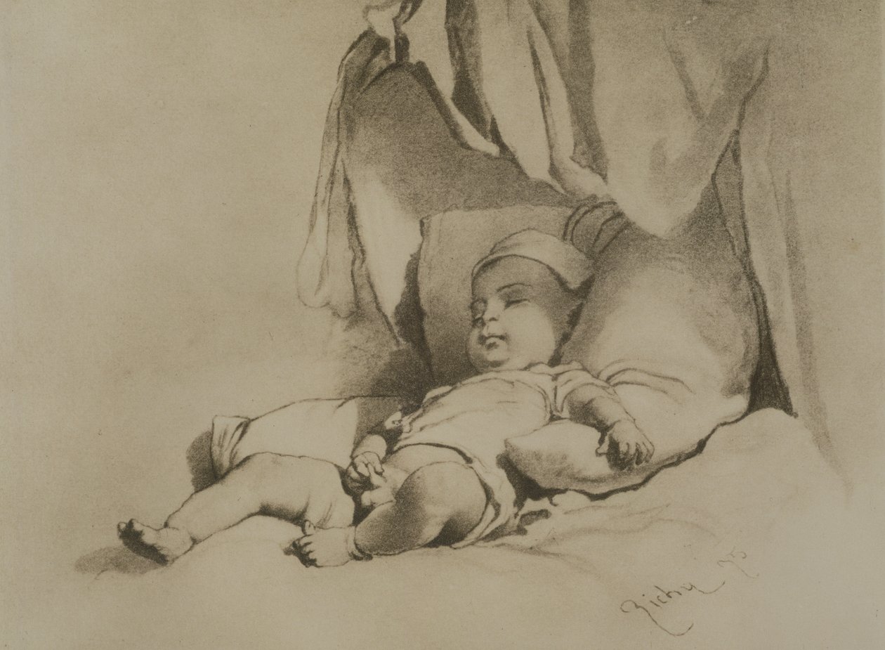 Baby Asleep on Bed by Mihaly von Zichy