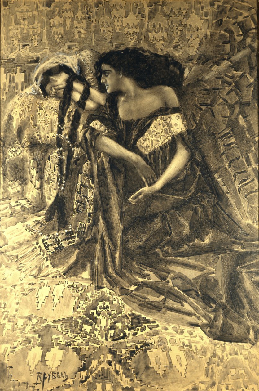 Tamara and Demon. Illustration to the Poem The Demon by Mikhail Lermontov by Mikhail Aleksandrovich Vrubel