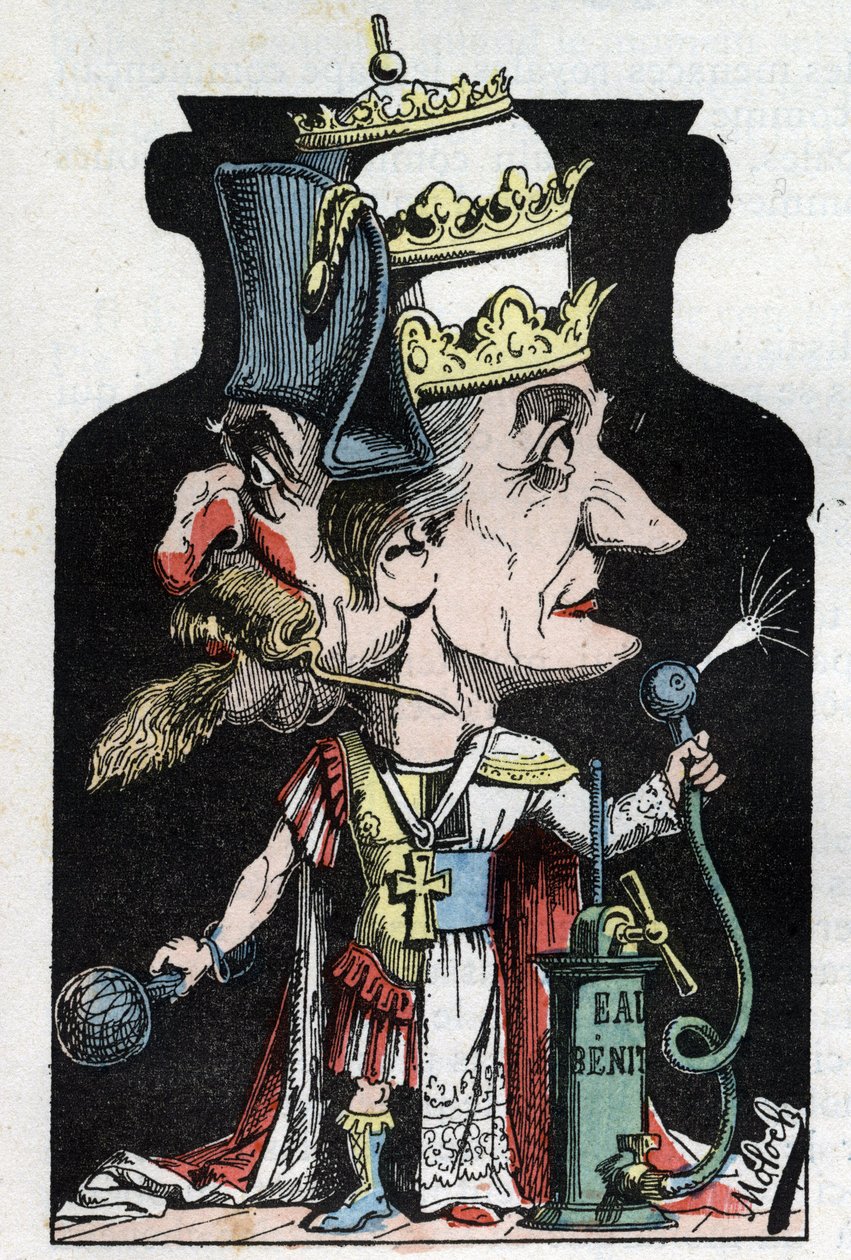 Allegory of the Concordat (signed between Pius VII and Bonaparte) of 1801 represented by Moloch as a compression device with Napoleon III and the Pope by Moloch