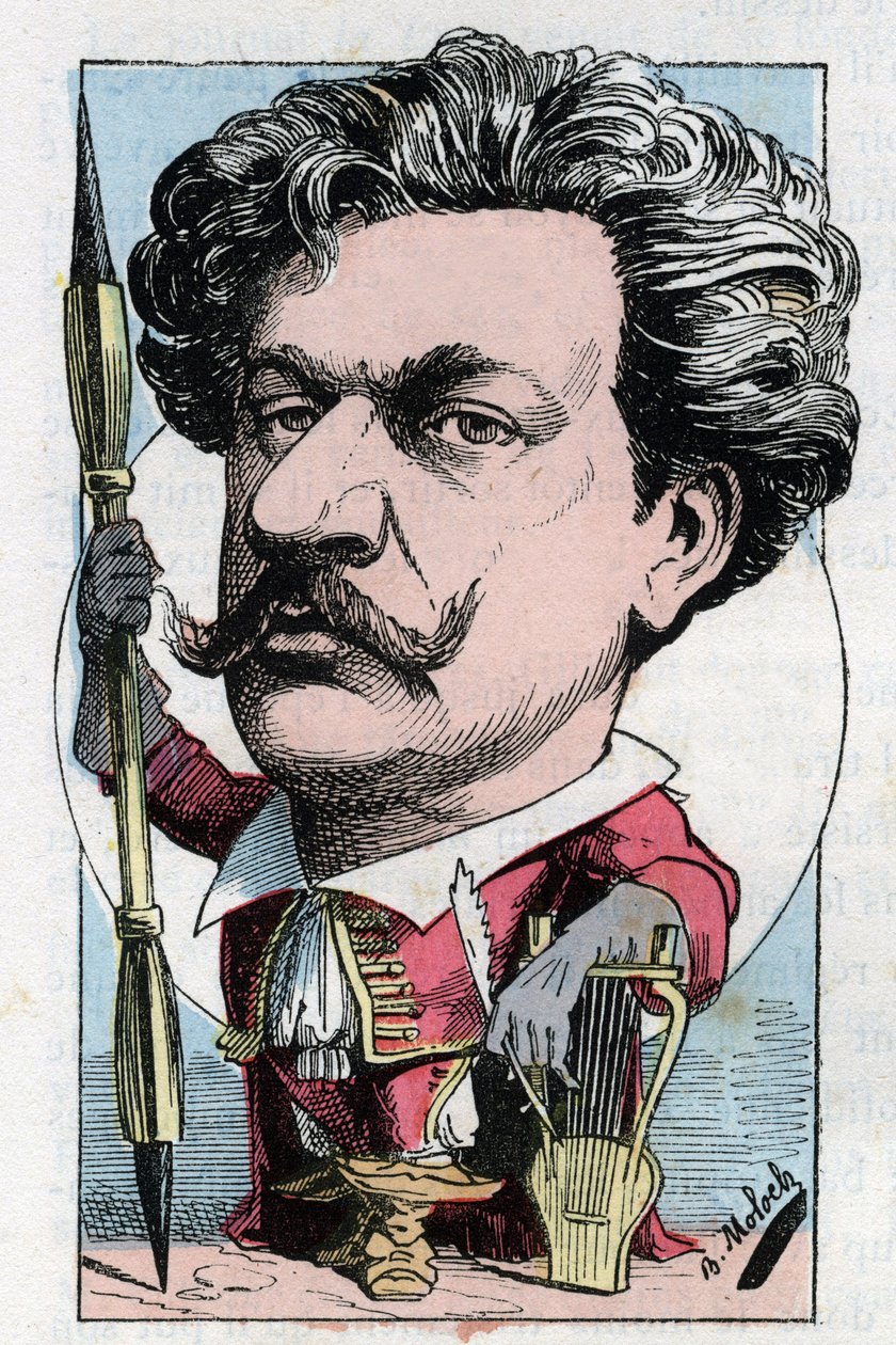 Portrait of Louis Alexandre Gosset de Guines dit Andre Gill, French poet painter in Le Trombinoscope by Touchatout, cartoon by B. Moloch of 1882. Private collection by Moloch