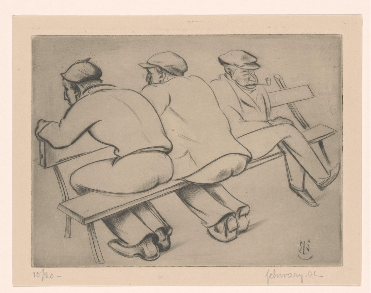 Three Men on a Bench by Mommie Schwarz (signed by artist)