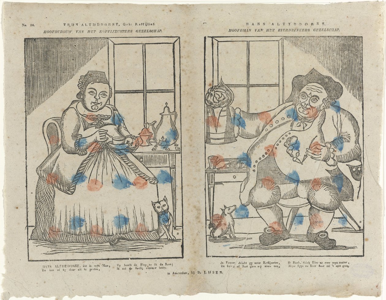 Trijn Antijddorst, Born: Koffijlief. / Headwoman of the Coffee Sisters Society. / Hans Altyddorst. / Headman of the Beer Drinkers Society by Monogrammist B (prentmaker)