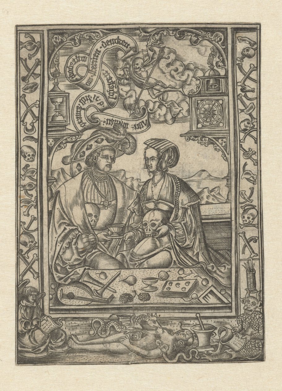 Vanitas: Man and Woman with Skull by Monogrammist XXX met L (attributed to)