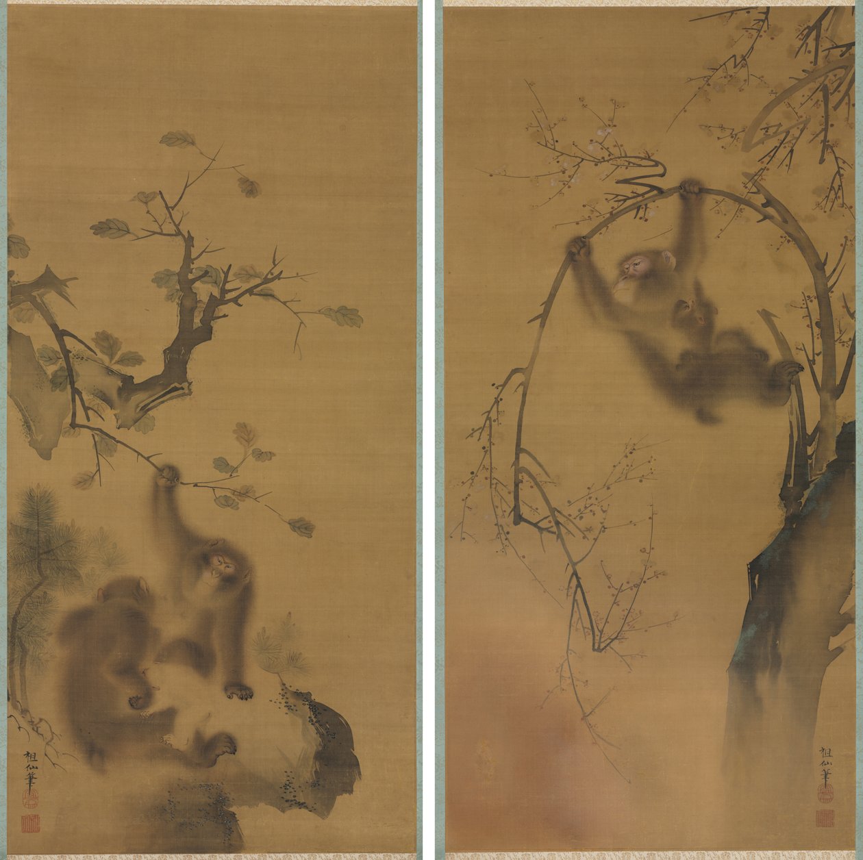 Monkeys in a Cherry Tree; Monkeys on a Rock Ledge by Mori Sosen