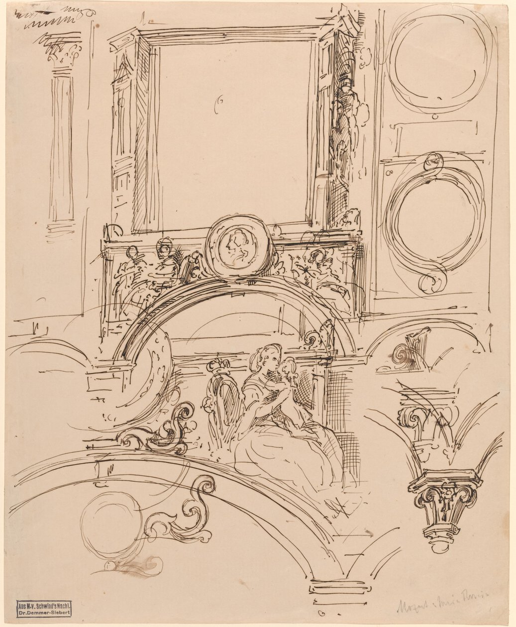 Architectural Details for a Wall Decoration with Empress Maria Theresia Embracing the Young Wolfgang Amadeus Mozart by Moritz Ludwig von Schwind