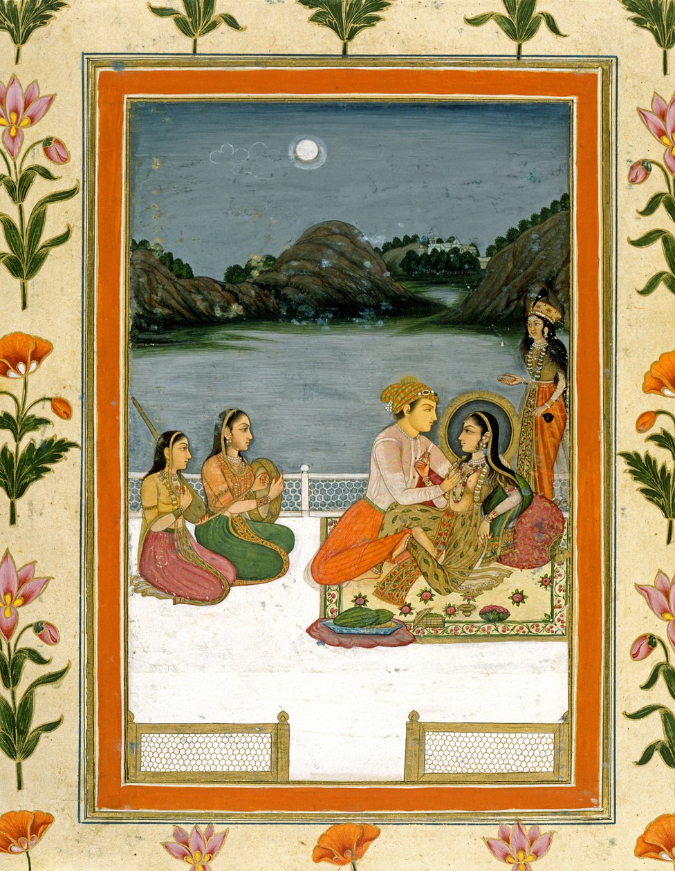Lovers on a terrace by a moonlit lake, from the Small Clive Album by Mughal School