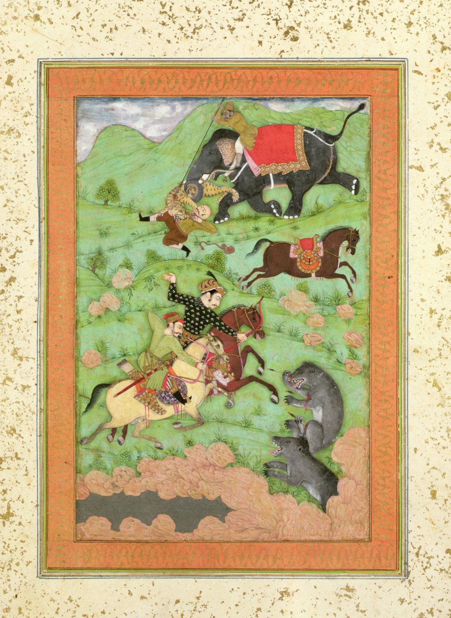 Rajput princes hunting bears; a mahout and his elephant rescue a fallen horseman from a tiger, from the Large Clive Album by Mughal School