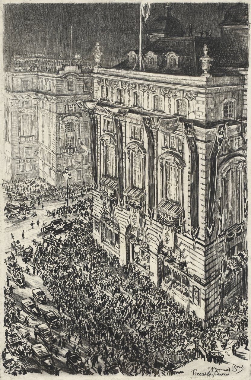 Piccadilly Circus, Eve of the Coronation of George VI by Muirhead Bone