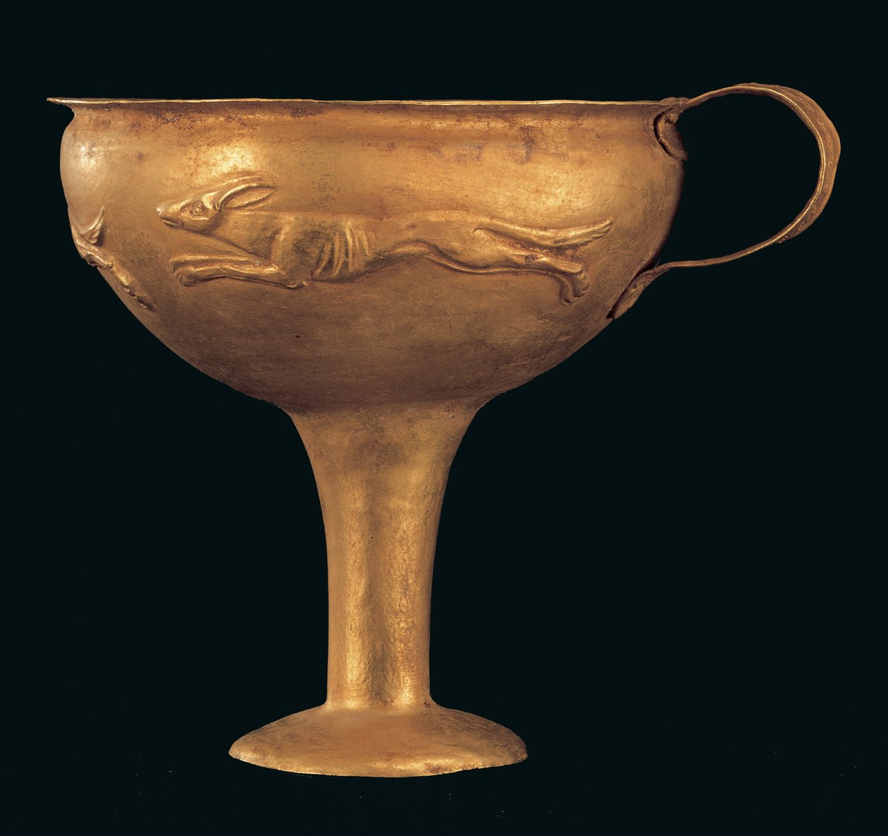 One-Handled Kylix with Repousse Decoration Depicting a Dog Hunt, Late ...