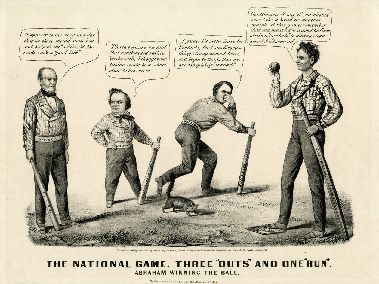 The National Game: Three Outs and One Run, Abraham Winning the Ball by N. and Ives, J.M. Currier