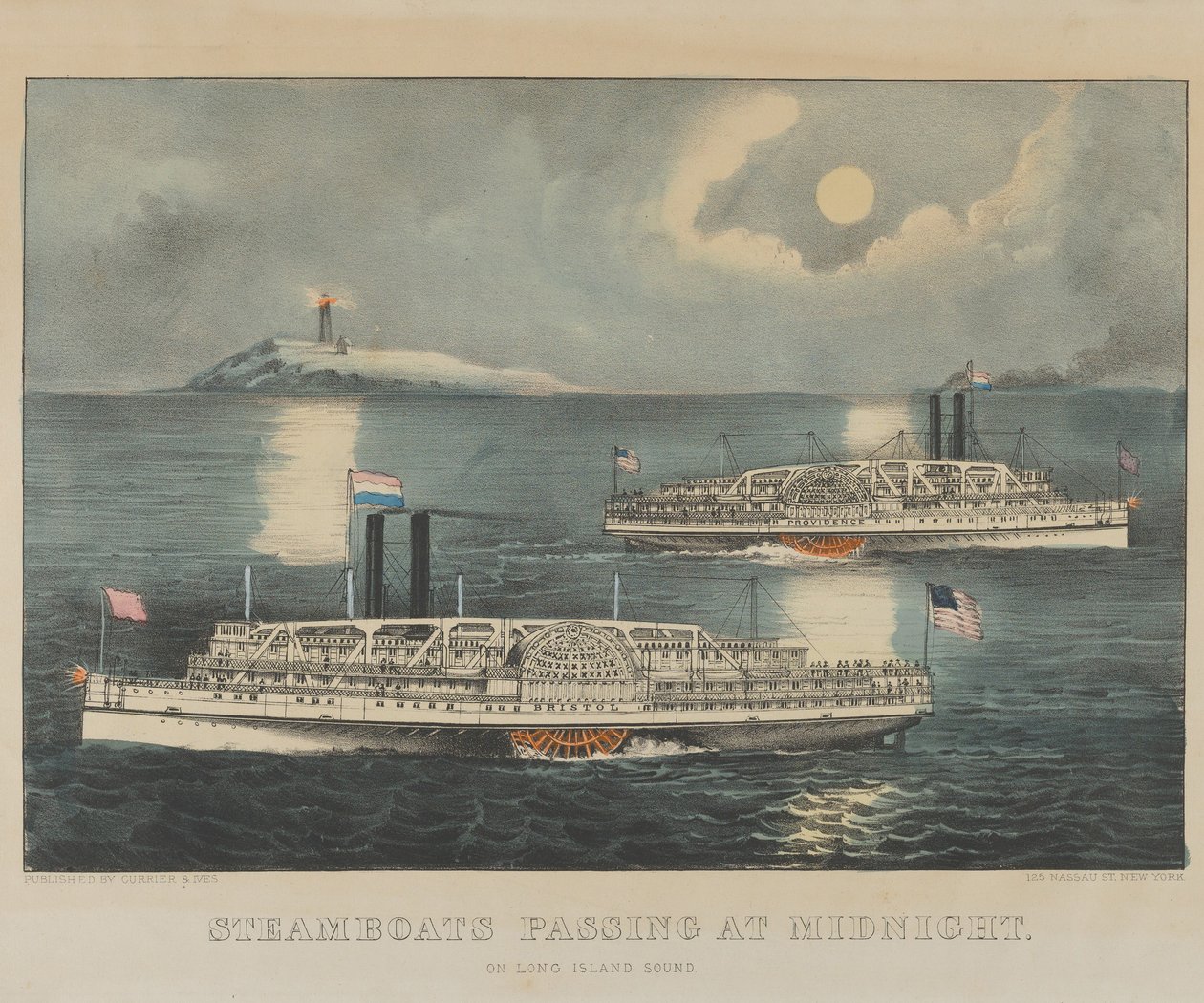 Steamboats Passing at Midnight on Long Island Sound by Currier and Ives