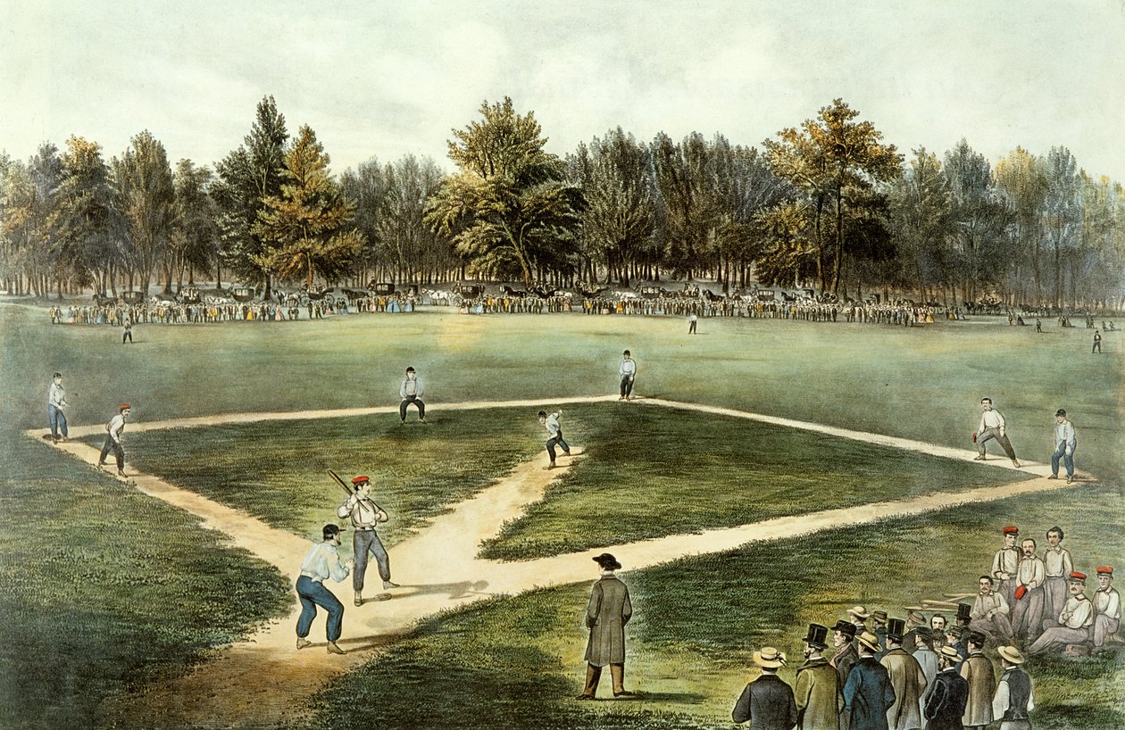 The American National Game of Baseball - Grand Match at Elysian Fields, Hoboken, NJ, 1866 by N. and Ives, J.M. Currier