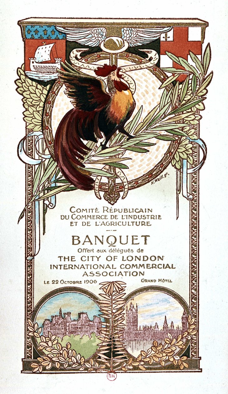 Rooster and Monuments, banquet menu of the Republican Committee on Trade, Industry and Agriculture offered 22.11.1906 to the delegates of the City of London international commercial association by Nathan Weill