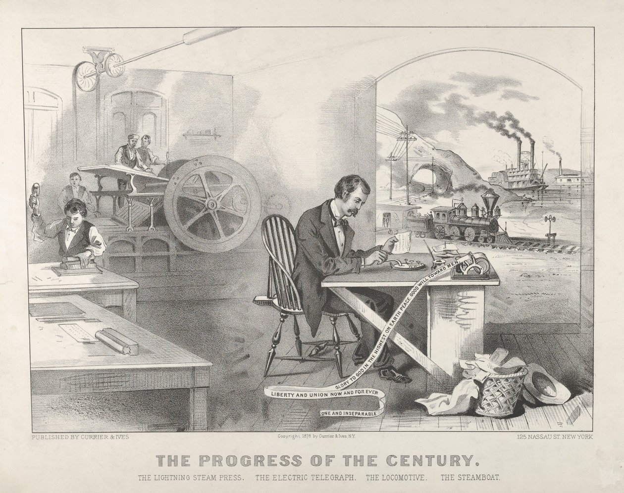 The Progress of the Century - The Lightning Steam Press. The Electric Telegraph. The Locomotive, 1876 by Currier and Ives