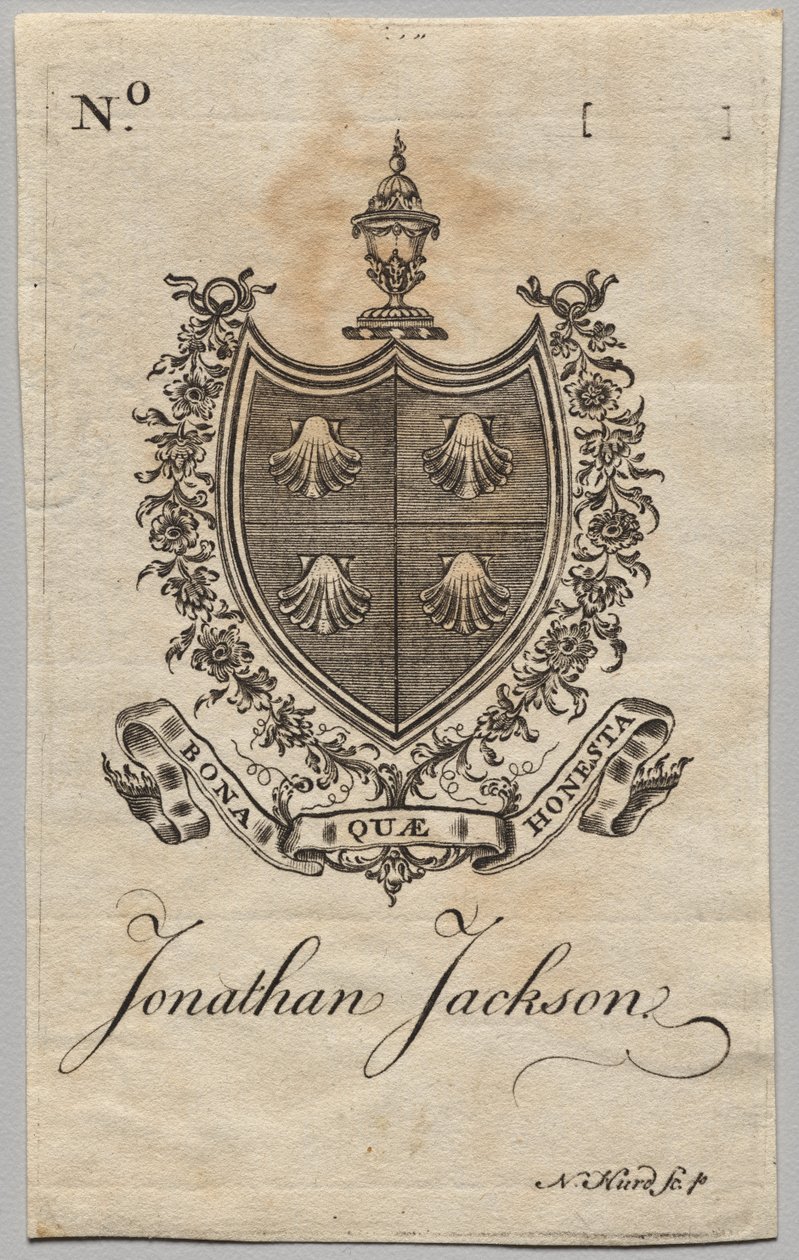 Bookplate: Coat of Arms with Jonathan Jackson inscribed by Nathaniel Hurd