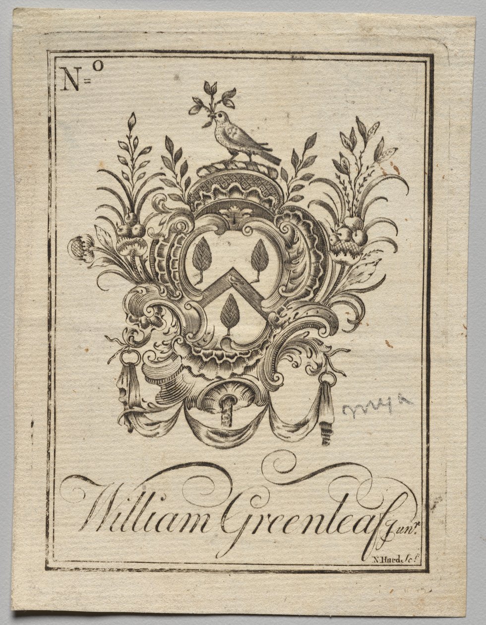 Bookplate: Coat of Arms with William Greenleaf Jun.r inscribed by Nathaniel Hurd