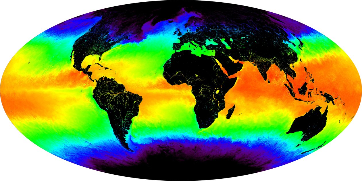 Sea surface temperature shown in false-color image. A one-month composite for May 2001. Red and yellow indicate warmer temperatures by National Aeronautics and Space Administration National Aeronautics and Space Administration
