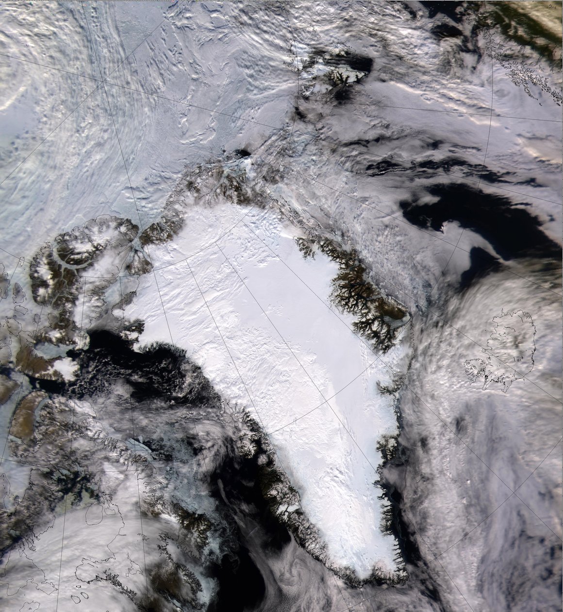 Satellite image of a snow and ice-covered Greenland in 2000 by National Aeronautics and Space Administration National Aeronautics and Space Administration