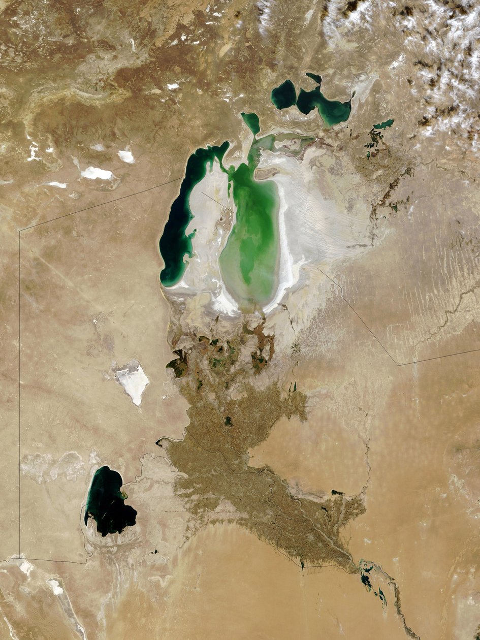 The Aral Sea, October 2008. Once the fourth largest inland sea, in southern Kazakhstan and northern Uzbekistan, it has divided into three bodies of water by National Aeronautics and Space Administration National Aeronautics and Space Administration
