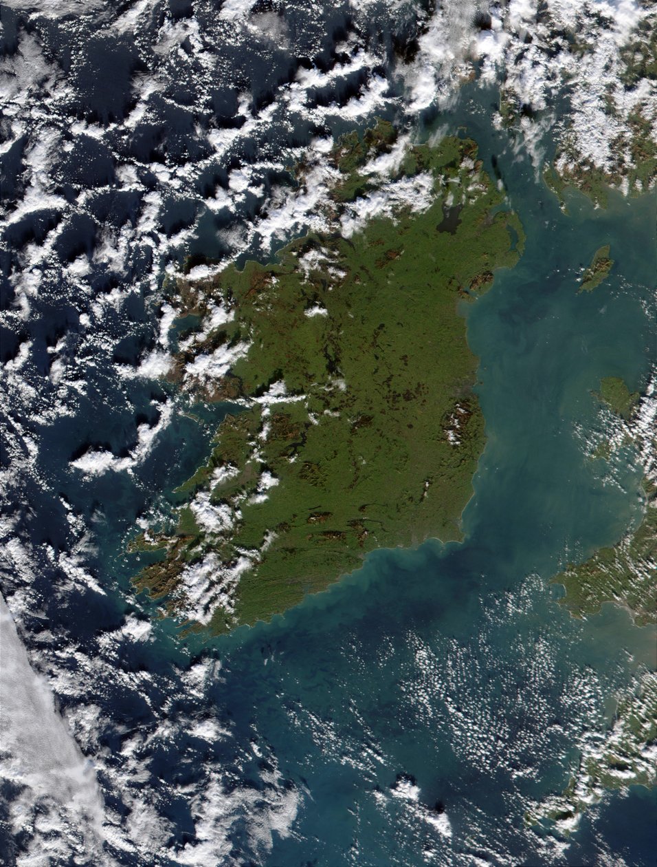 The Irish Sea full of phytoplankton in this true-color image from January 2002. The Irish Sea separates Ireland from the United Kingdom. This milky appearance is likely due to phytoplankton blooms by National Aeronautics and Space Administration National Aeronautics and Space Administration