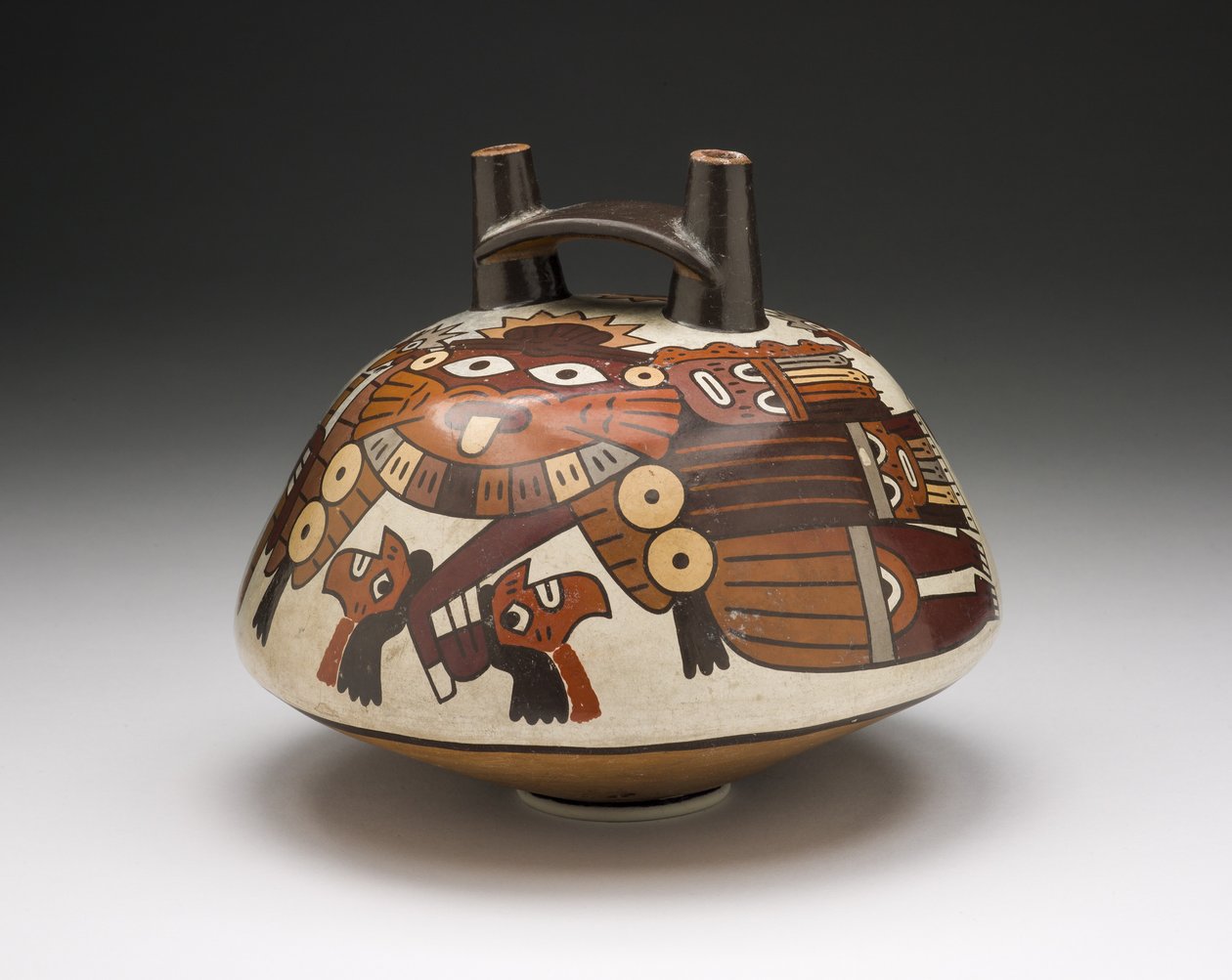 Vessel Depicting a Masked Warrior Holding Trophy Heads, 180 B.C.-A.D. 500 by Nazca Culture