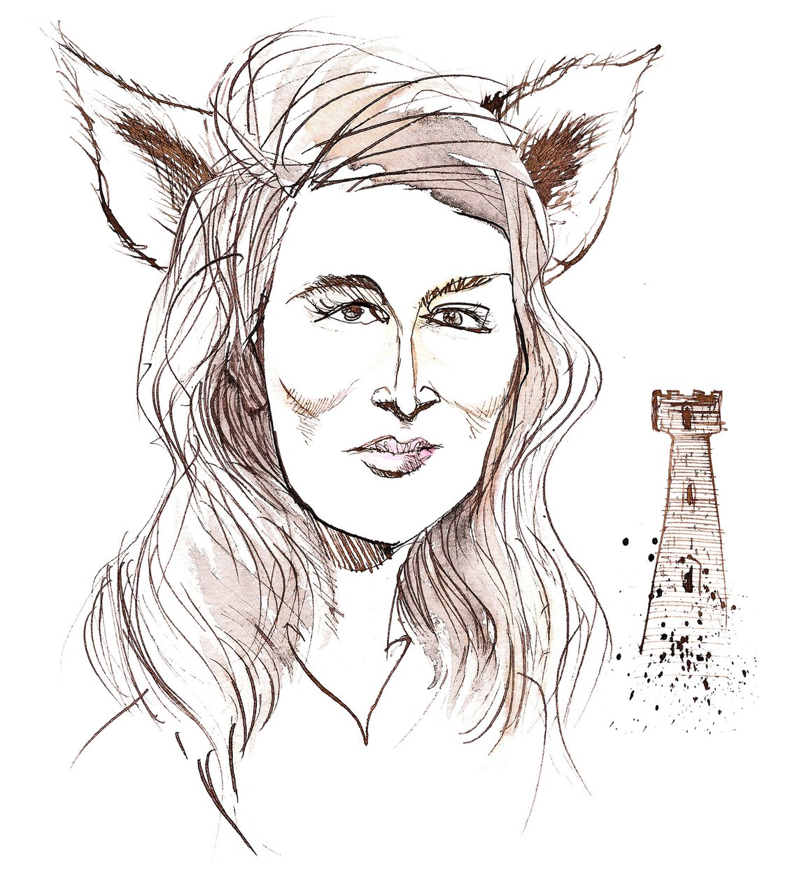 Angela Carter, English novelist and journalist; caricatured with wolf-ears in reference to her story The Company of Wolves by Neale Osborne