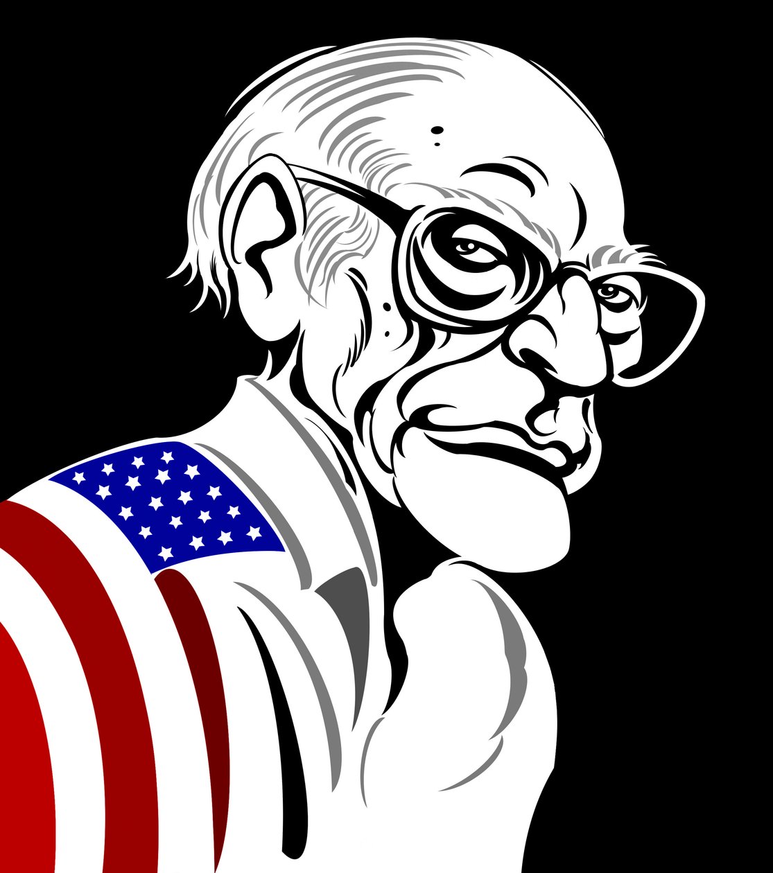 Arthur Miller, American playwright (1915-2005); black-and-white and color caricature, draped in American flag by Neale Osborne