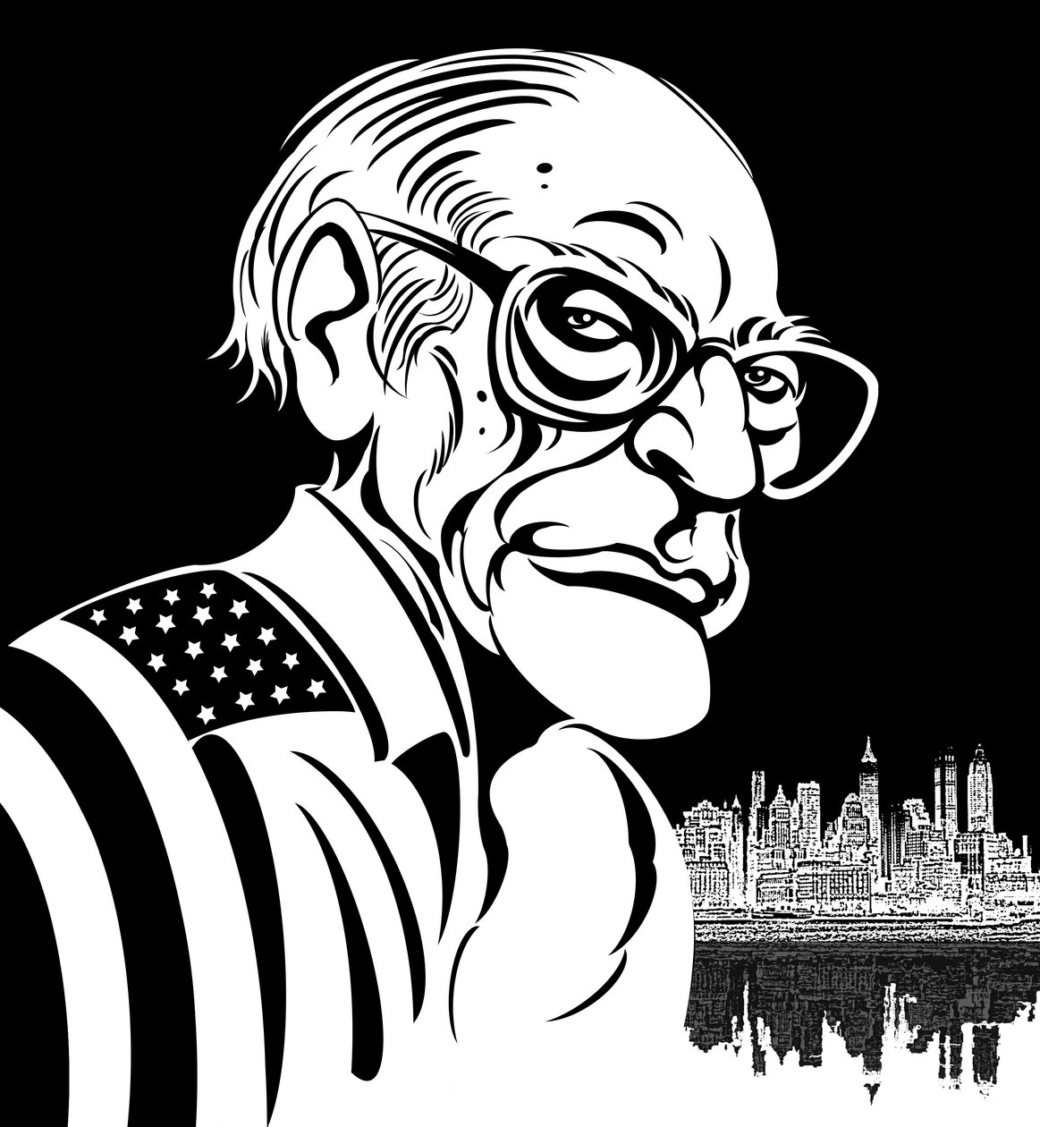 Arthur Miller, American playwright (1915-2005); black-and-white caricature, draped in American flag by Neale Osborne