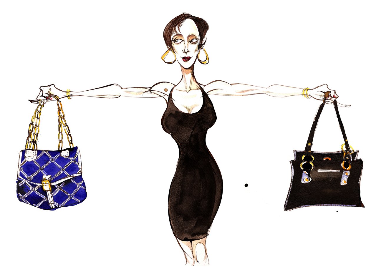 Signs of the Zodiac: Libra balancing handbags from a series of fashion caricatures by Neale Osborne
