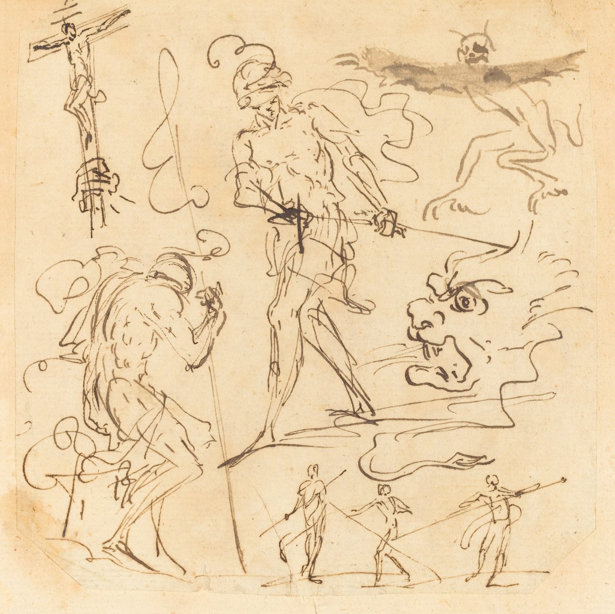 Sheet of Studies with a Soldier Drawing a Sword, a Crucifix, Monstrous Animals, and Other Figures by Neapolitan 17th Century