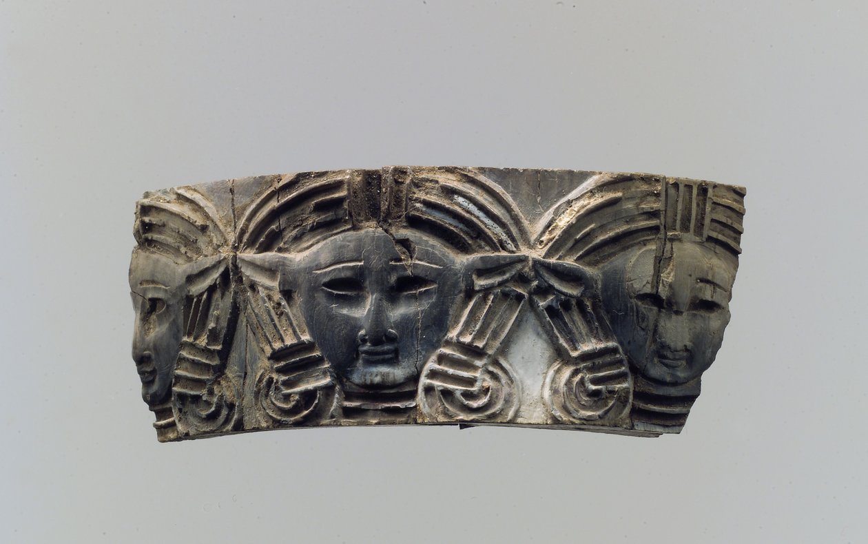 Cloisonné furniture or cosmetic box plaque with three frontal heads by Neo Assyrian