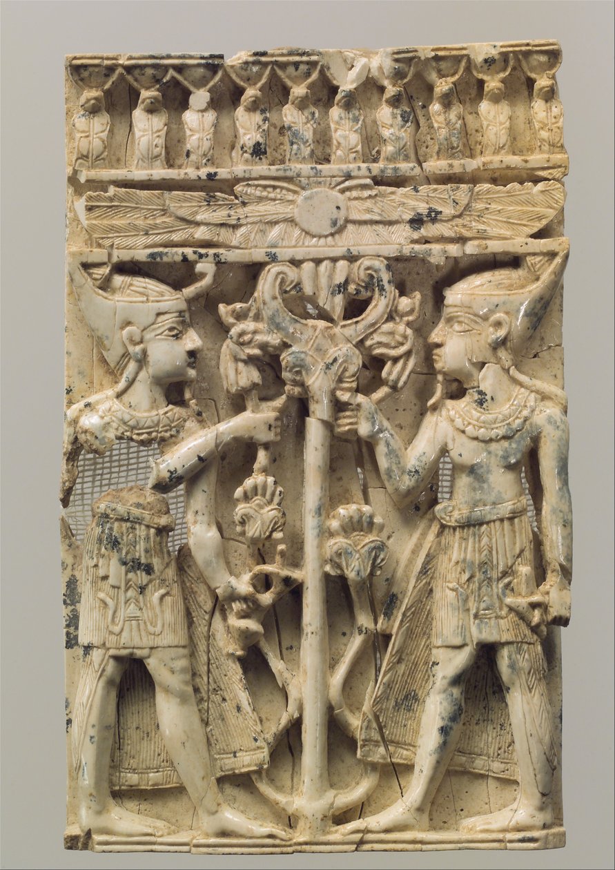 Furniture Plaque Carved in High Relief with Two Egyptianizing Figures Flanking a Volute Tree, c.9th-8th Century BC by Neo Assyrian