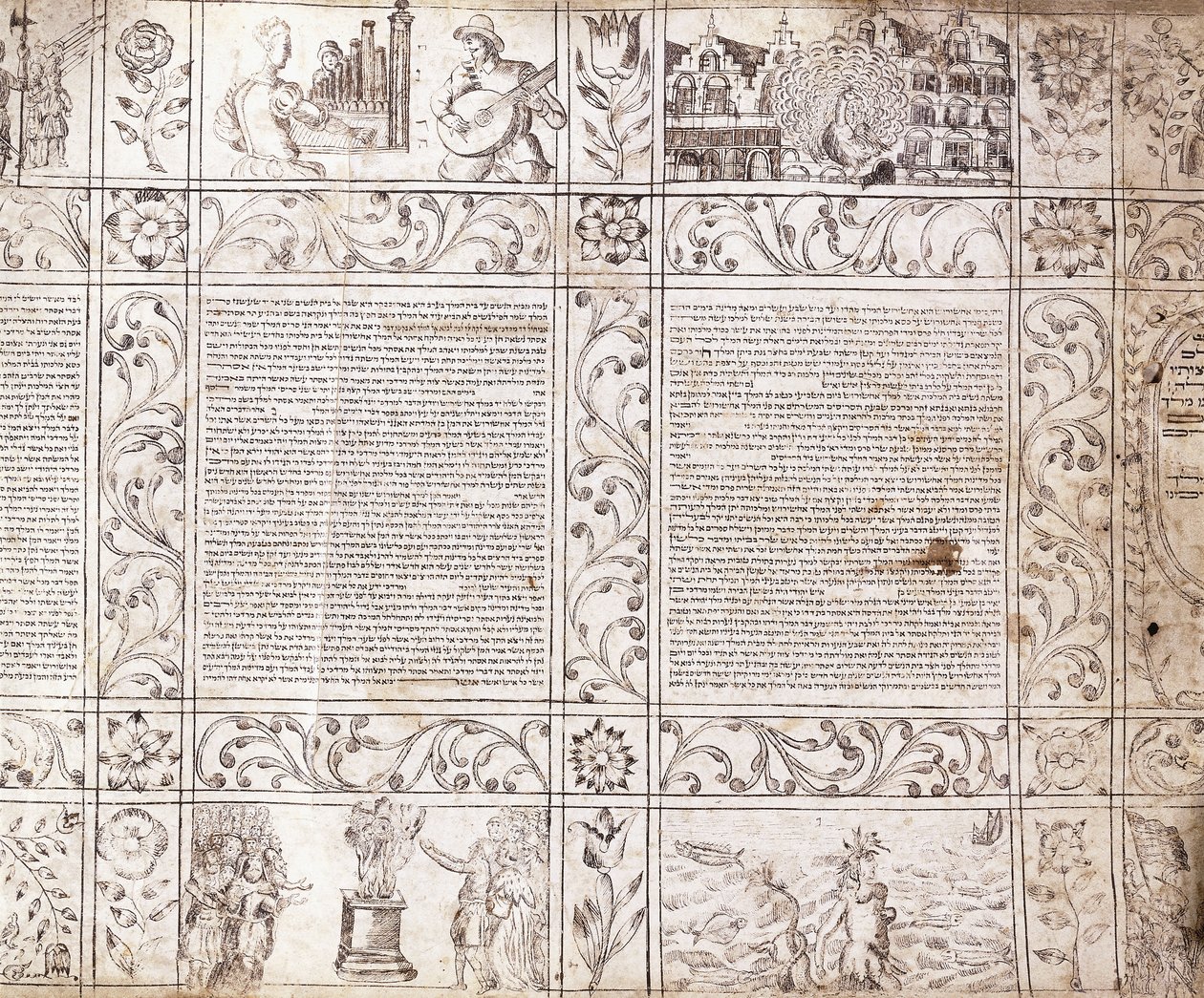Illuminated Manuscript in Sephardic Script, Showing Scenes of Dutch Life and the Bible with Floral Cartouches by Netherlandish School