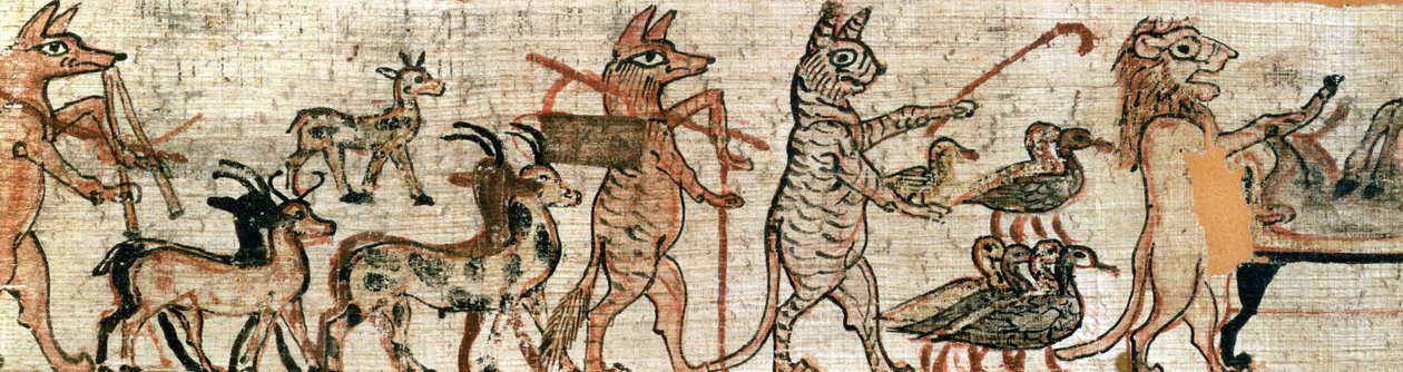 The Satirical Papyrus, detail (right) of a cat herding geese and a lion mummifying a donkey, from Thebes, c.1100 BC by New Kingdom Egyptian