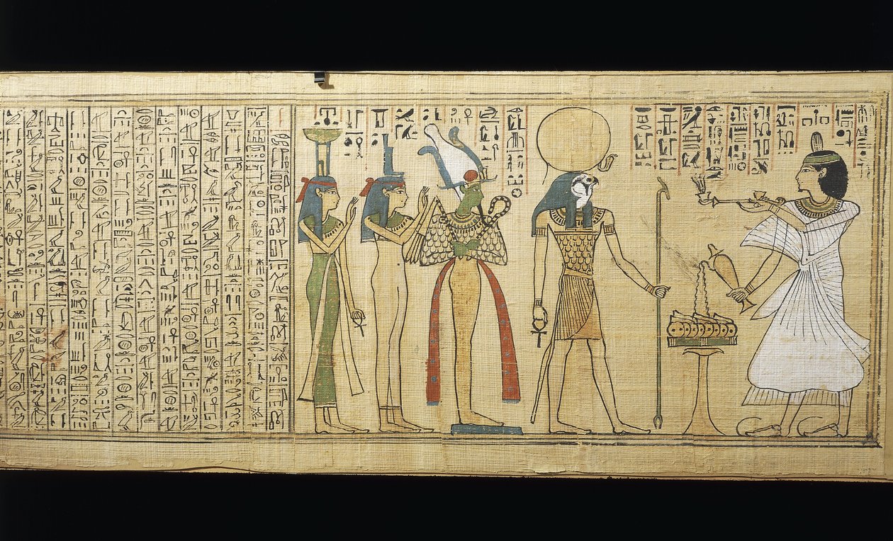 Papyrus of Khonsumes, The Book of the Dead: the deceased making offerings to Osiris, Isis and Nephthys by New Kingdom Egyptian
