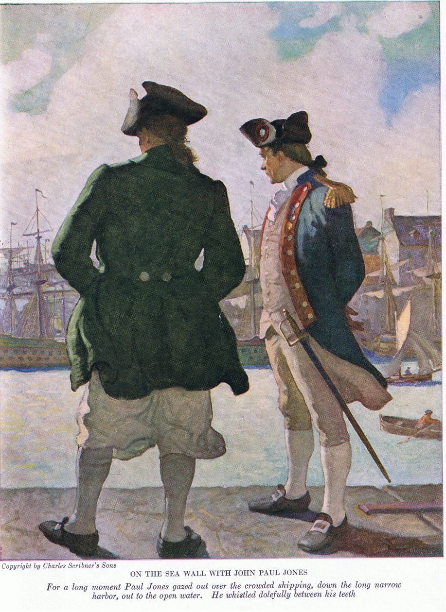 On the sea wall with John Paul Jones: For a long moment John Paul gazed out over the shipping along the harbour to the open water by Newell Convers Wyeth
