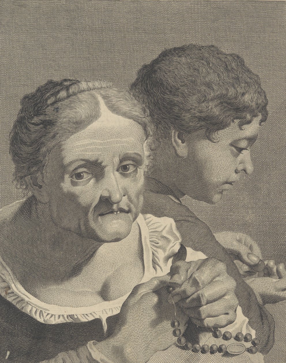 Copy in reverse of an old woman with a rosary and a boy counting coins, plate 10 by Niccolò Cavalli
