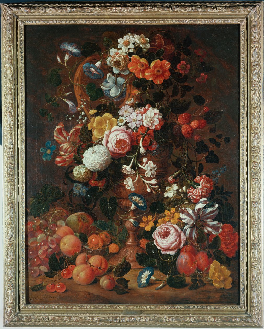 Roses, Dahlias, Convolvulus, a Tulip and Other Flowers in a Sculpted Urn, with Grapes, Plums and Peaches Nearby by Nicholaes van Verendael