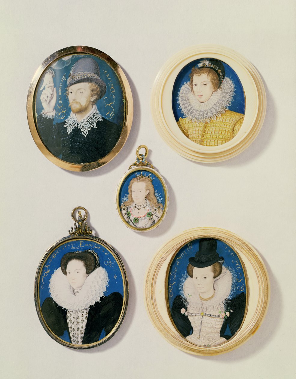 Miniatures, from L to R, T to B: Man with a Hand from a cloud; Unknown Young Man, 1588; Mrs Holland aged 26, 1593; Arabella Stuart, Duchess of Lennox; Unknown Lady by Nicholas Hilliard