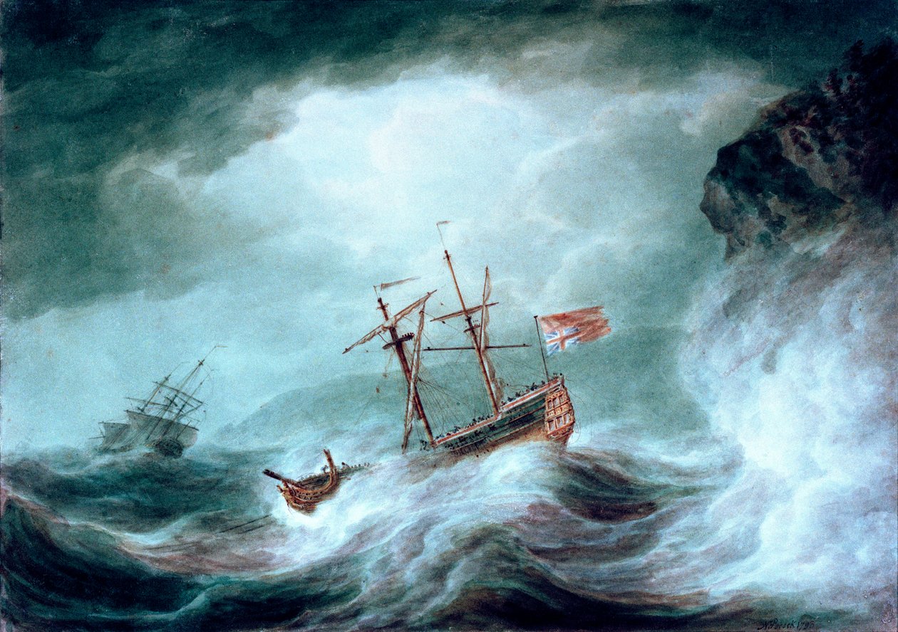 A storm, with an anchored ship in distress off rocky coast by Nicholas Pocock