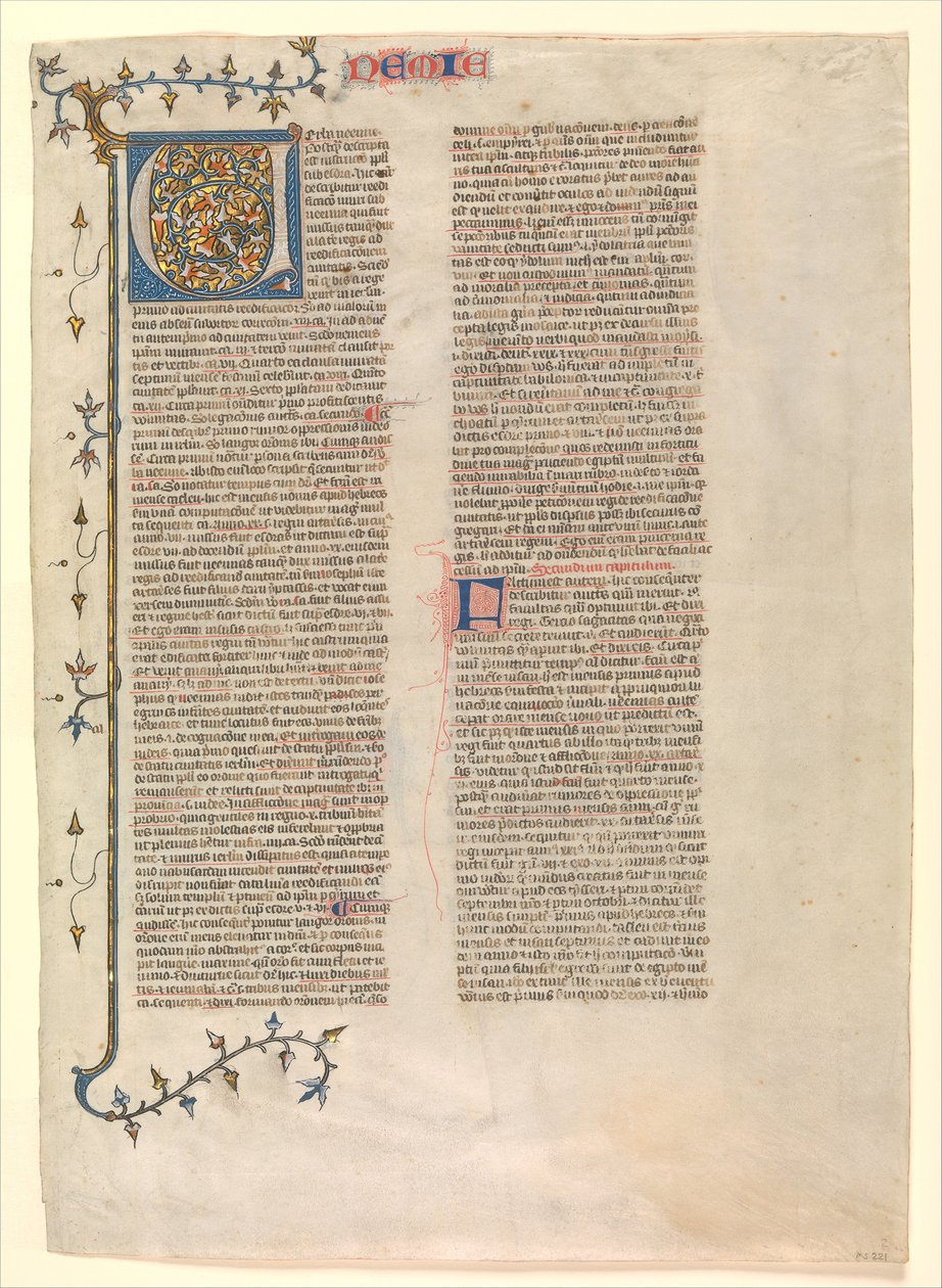 Initial V from the commentary of Nehemiah, one of six illustrated leaves, ca. 1360-1380 by Nicholas of Lyra