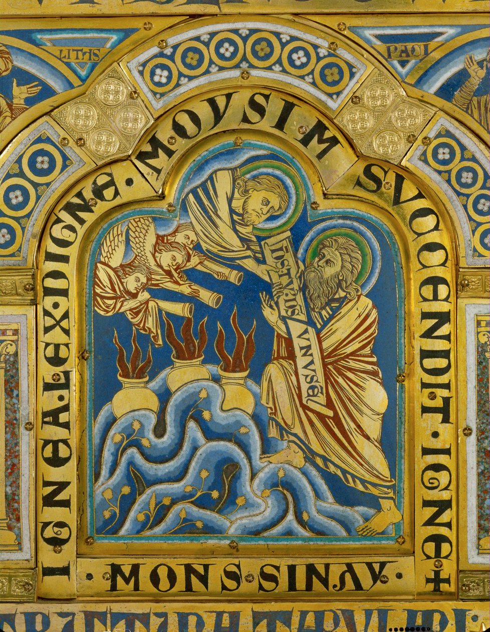 God gives Moses the Ten Commandments, while angels blow trumpets by Nicholas of Verdun