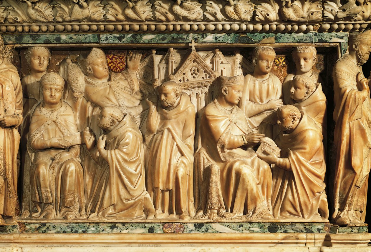 Relief depicting approval of Order by Pope Innocent III by Nicola Pisano