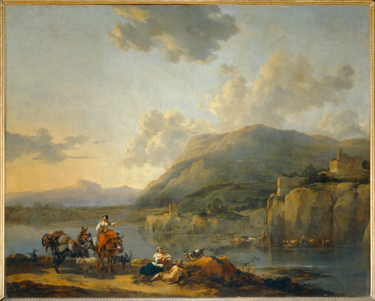 A female mule-driver passes a ford by Nicolaes Pietersz. Berchem