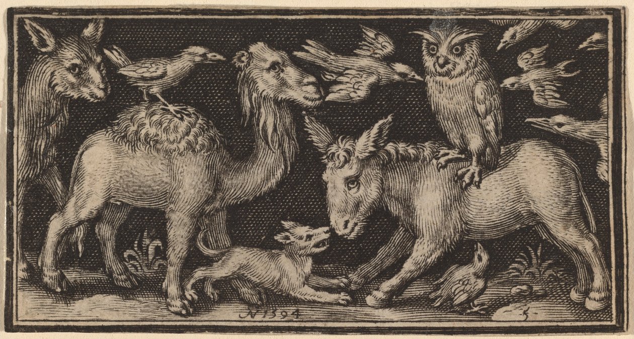 Owl on Back of Donkey, Bird on Back of Camel with Other Animals by Nicolaes de Bruyn