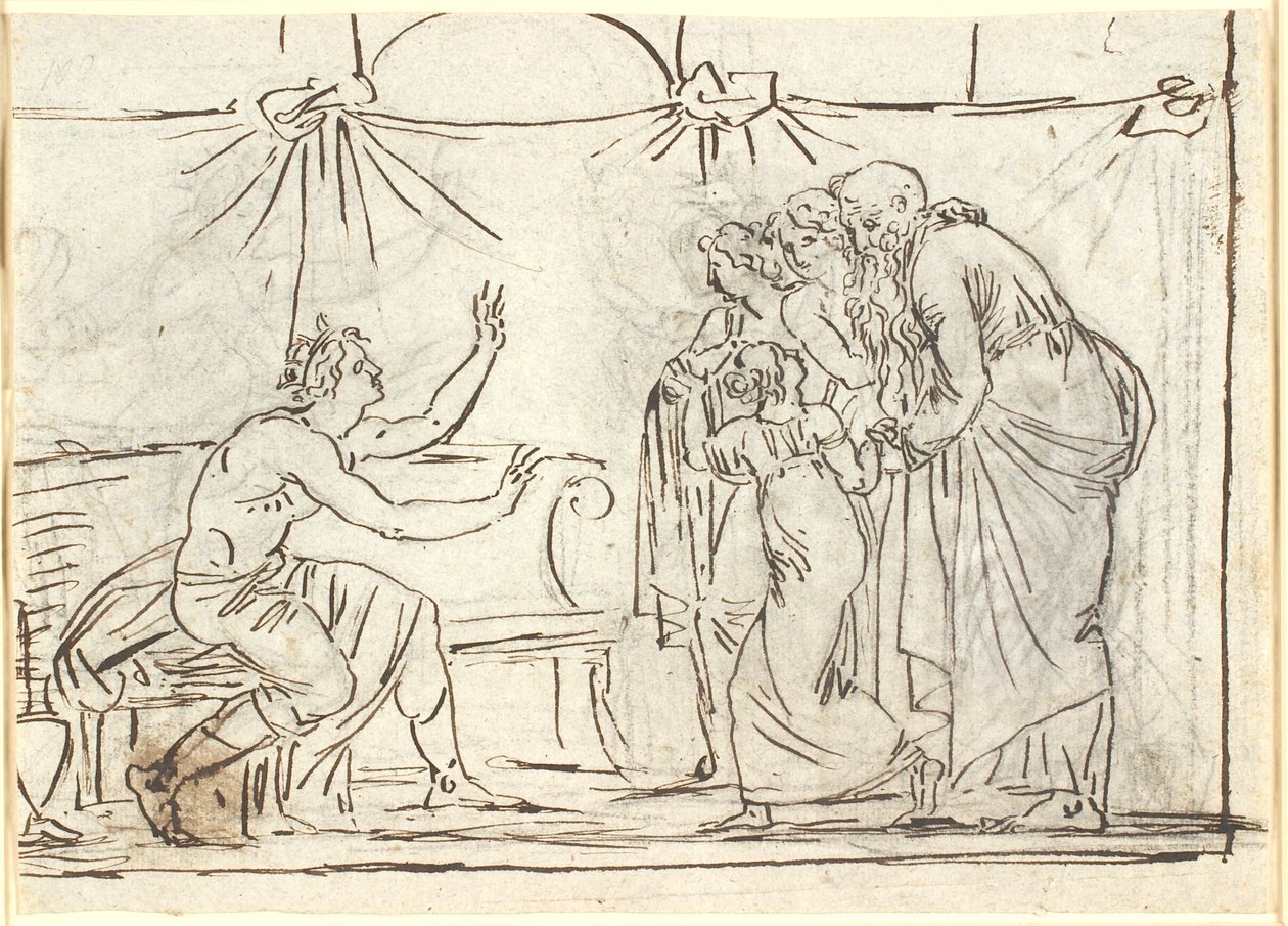 Antique Scene. A Seated Crowned Hero Speaks to a Group of Four Figures, Including a Little Girl and an Old Man by Nicolai Abildgaard